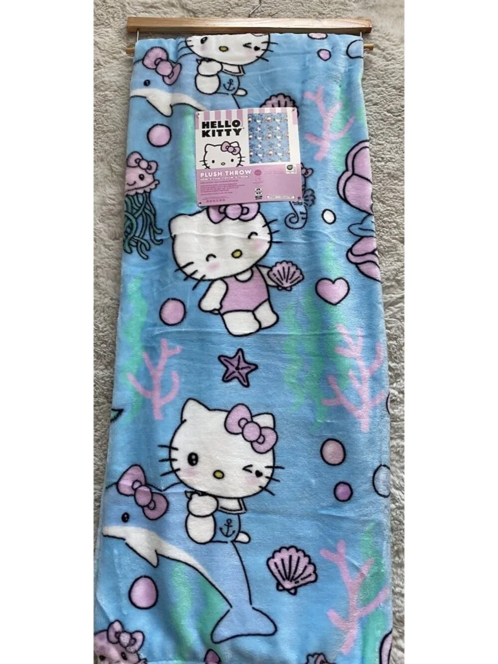 Hello Kitty Mermaid Dolphin Jellyfish Soft Throw Blanket Blue Pink 50” X 70” NEW